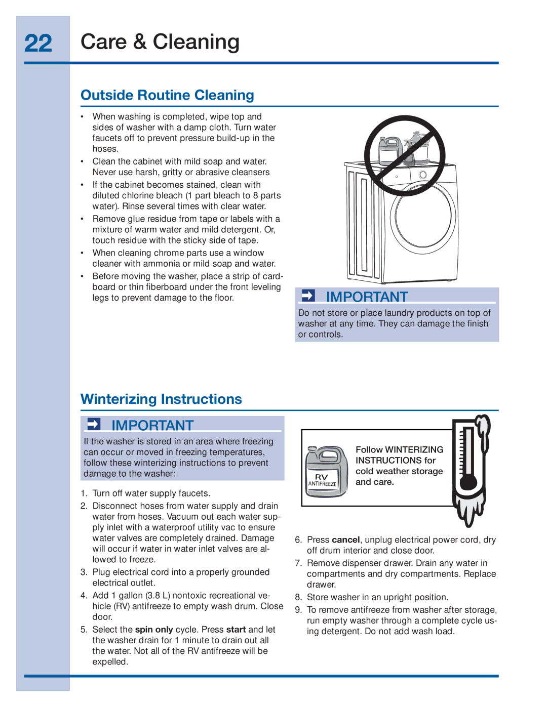 Electrolux 137519000 A (1112) manual Outside Routine Cleaning, Winterizing Instructions 