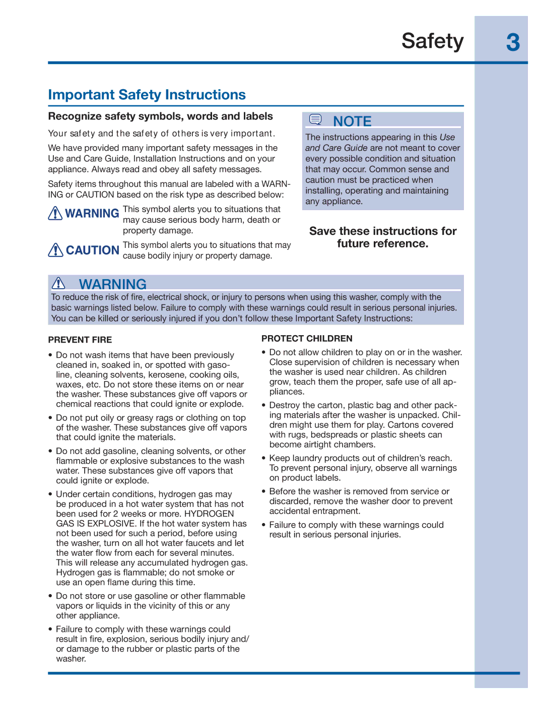 Electrolux 137519000 A (1112) Important Safety Instructions, Recognize safety symbols, words and labels, Prevent Fire 