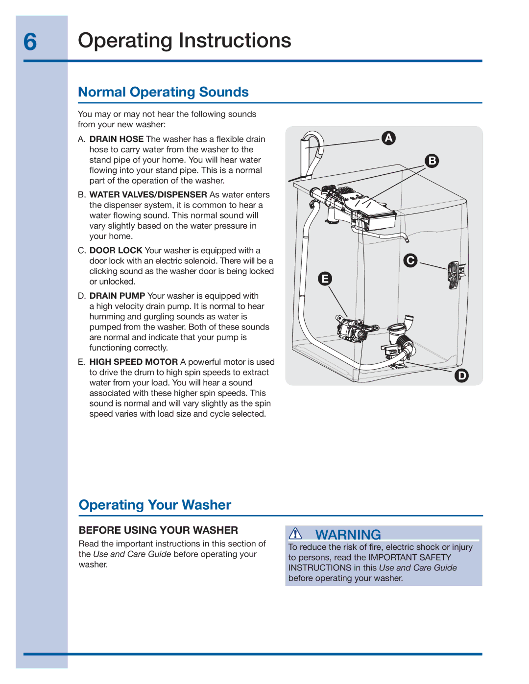 Electrolux 137519000 A (1112) manual Operating Instructions, Normal Operating Sounds, Operating Your Washer 