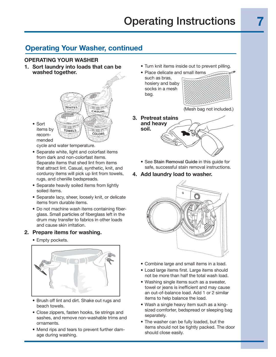 Electrolux 137519000 A (1112) manual Sort laundry into loads that can be washed together, Prepare items for washing 