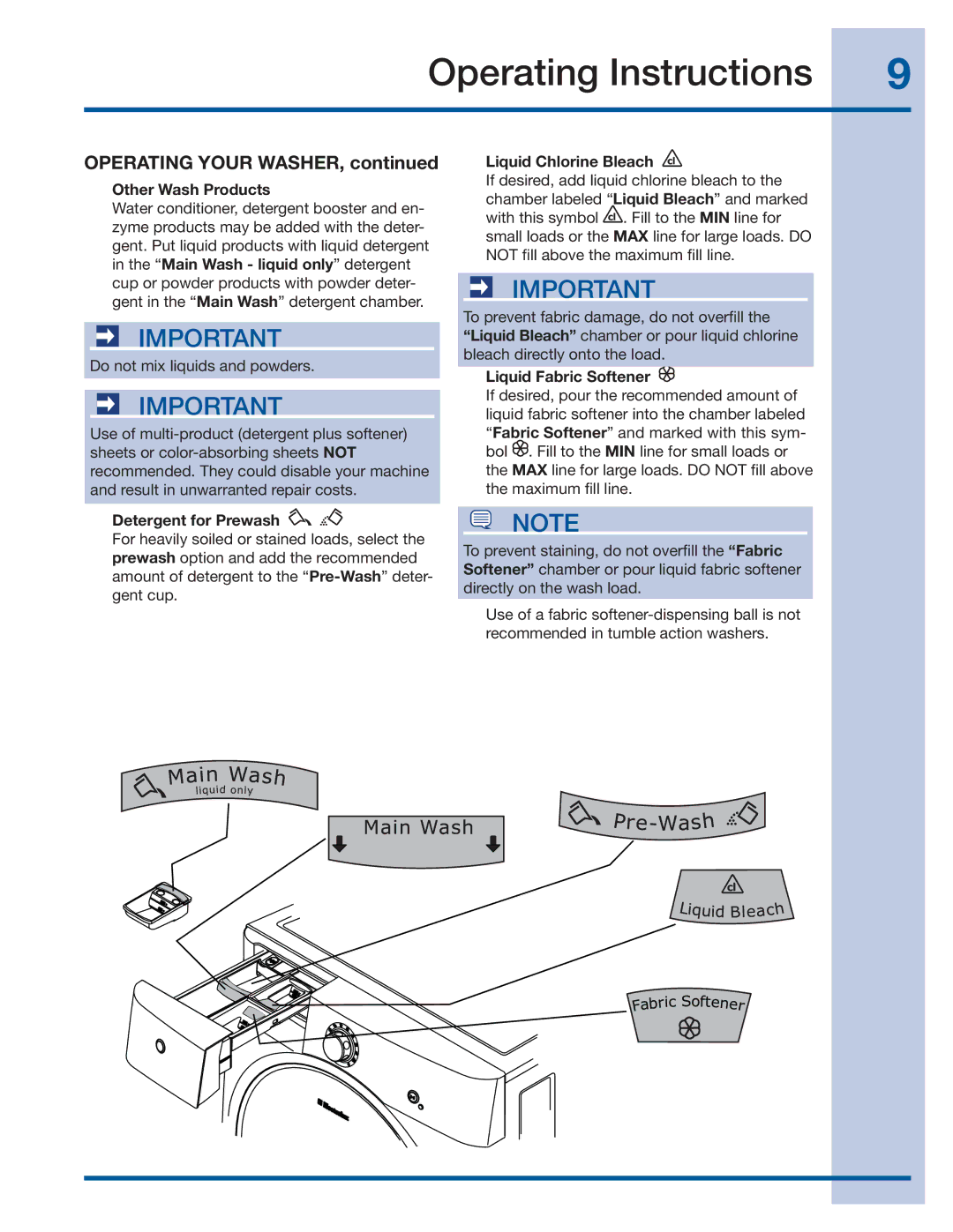 Electrolux 137519000 A (1112) Operating Your Washer, Other Wash Products, Detergent for Prewash, Liquid Chlorine Bleach 