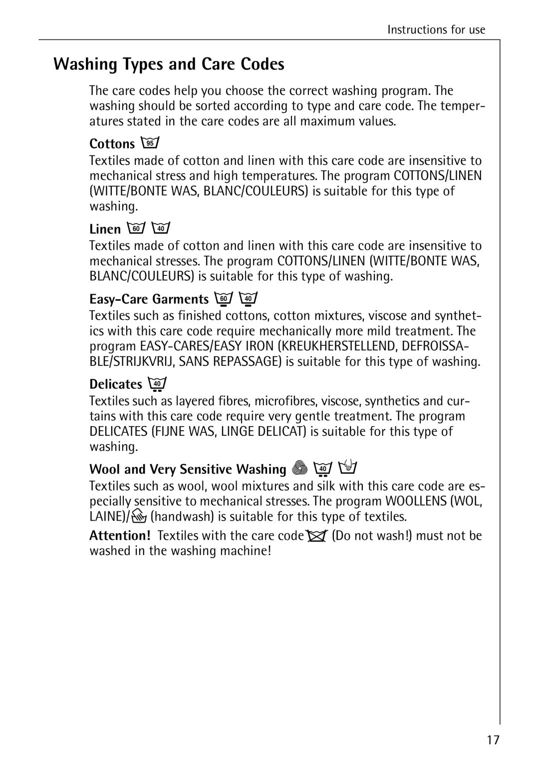 Electrolux 14 manual Washing Types and Care Codes 