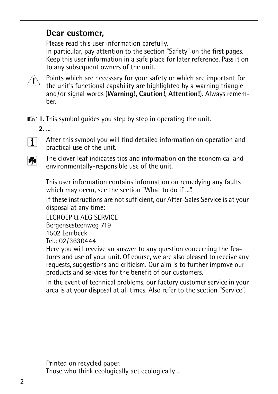 Electrolux 14 manual Dear customer 