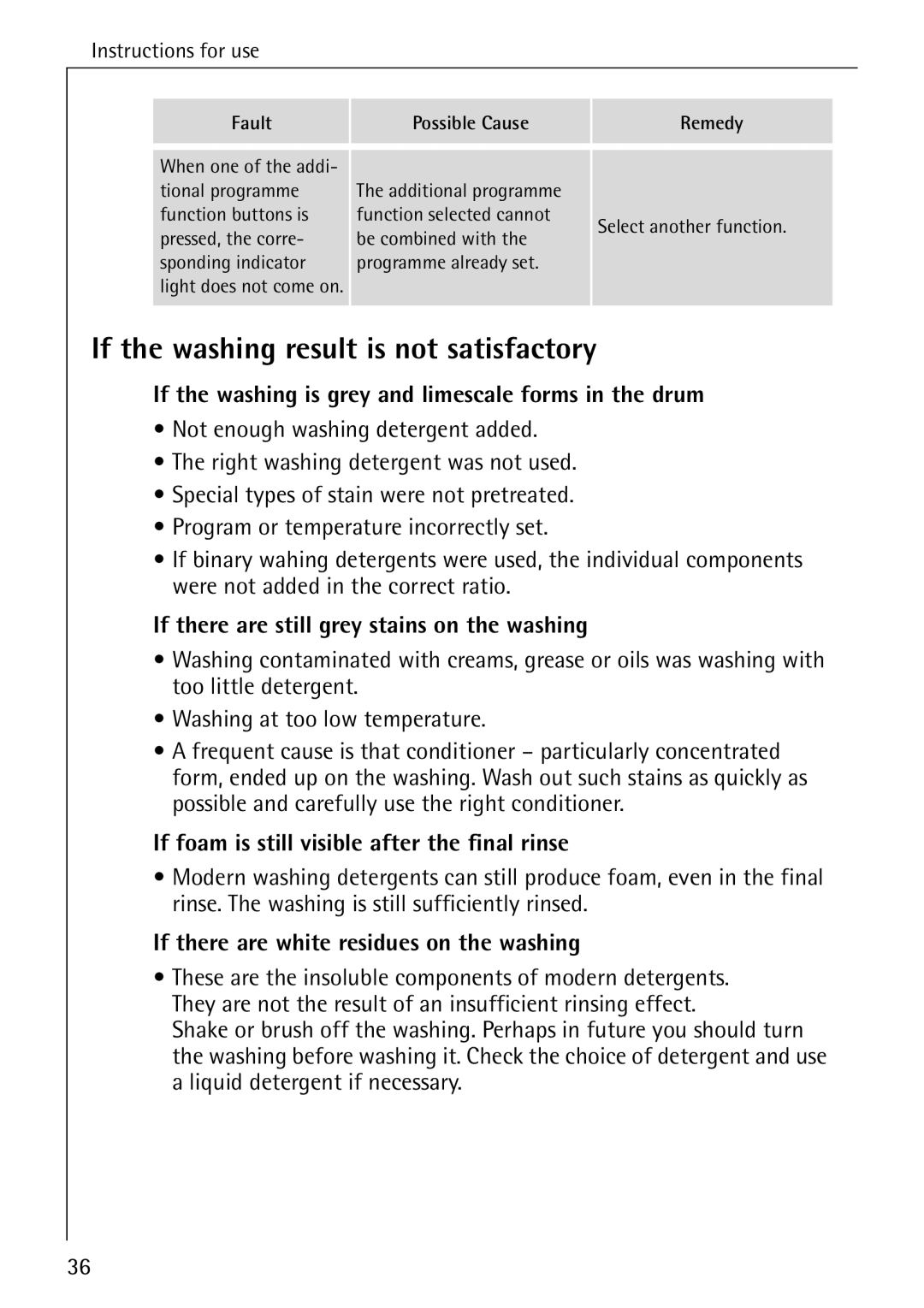 Electrolux 14 manual If the washing result is not satisfactory, If the washing is grey and limescale forms in the drum 