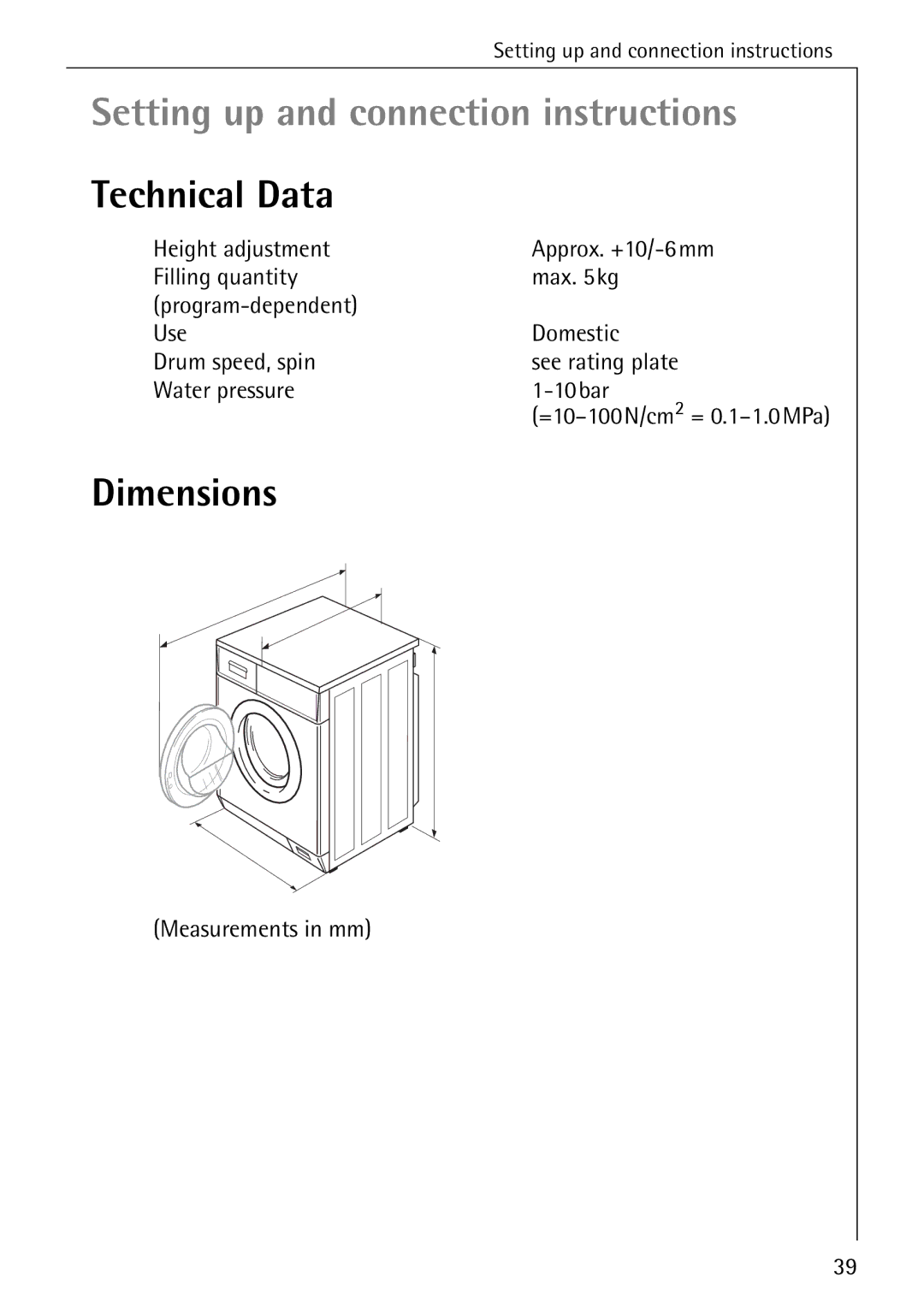 Electrolux 14 manual Technical Data, Dimensions, Measurements in mm 