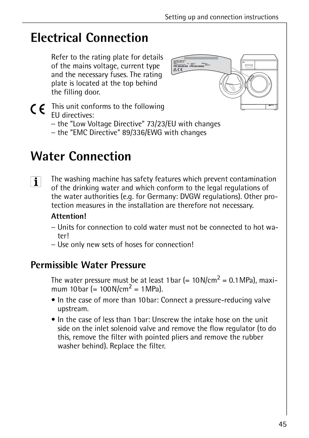 Electrolux 14 manual Electrical Connection, Water Connection, Permissible Water Pressure 