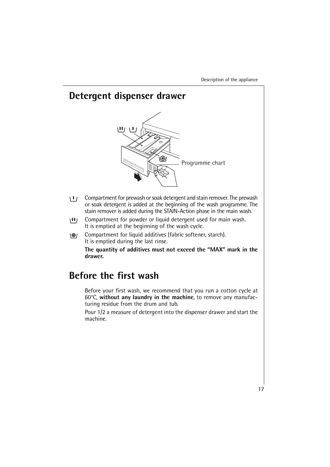 Electrolux 14500 VI manual Detergent dispenser drawer, Before the first wash 