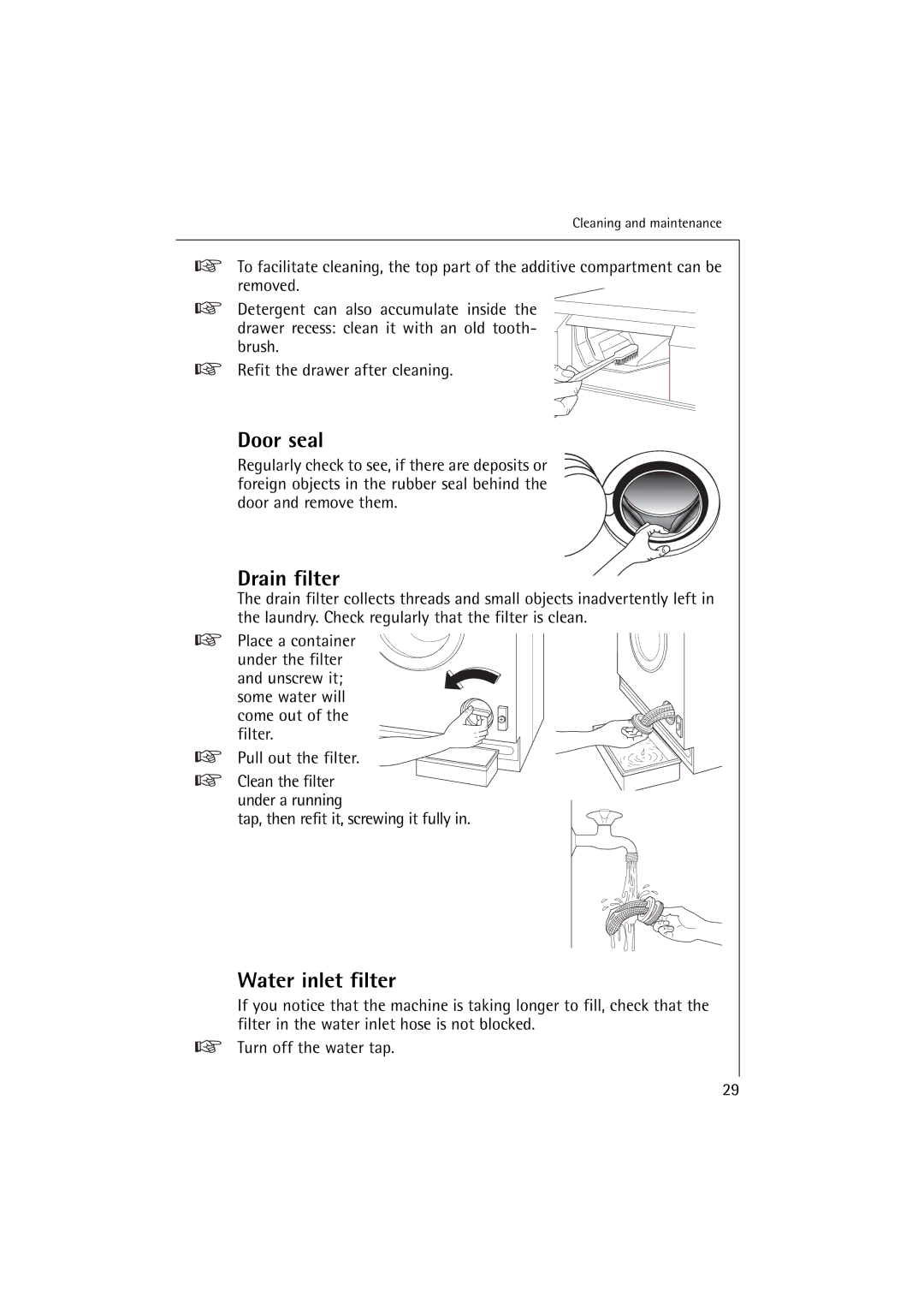 Electrolux 14500 VI manual Door seal, Drain filter, Water inlet filter 