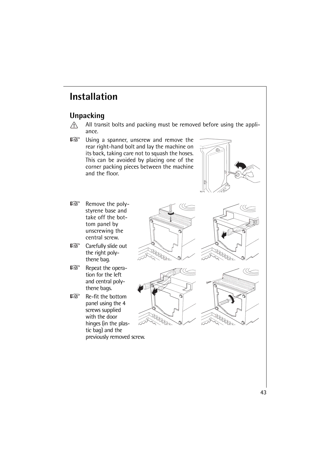 Electrolux 14500 VI manual Installation, Unpacking 