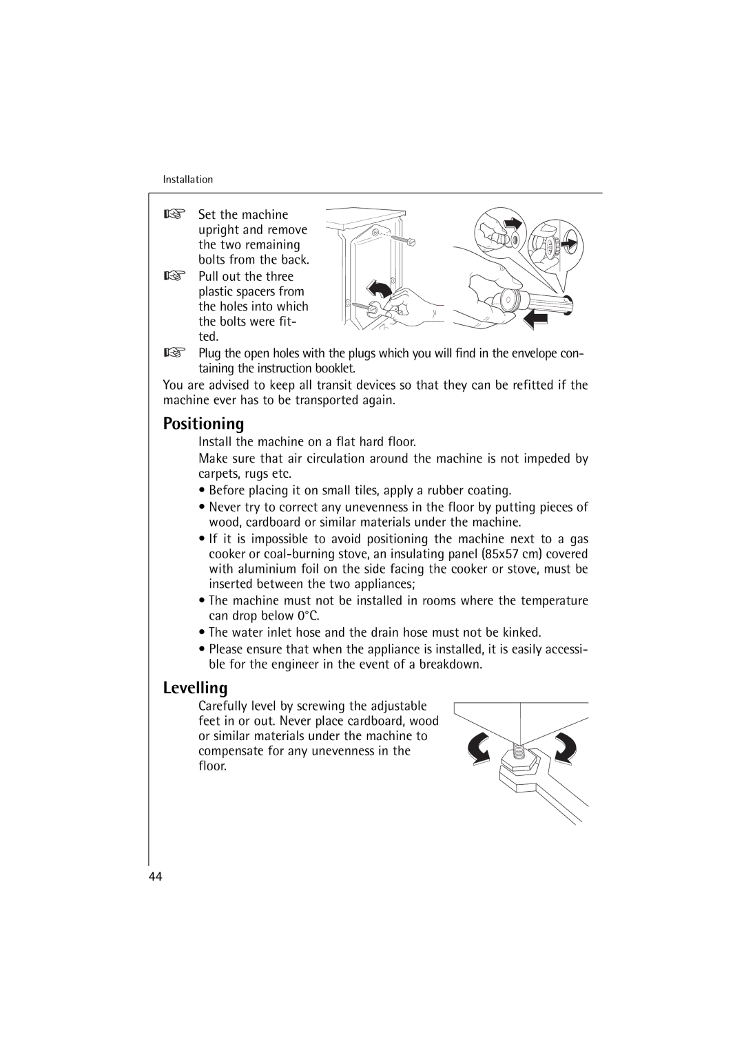 Electrolux 14500 VI manual Positioning, Levelling 