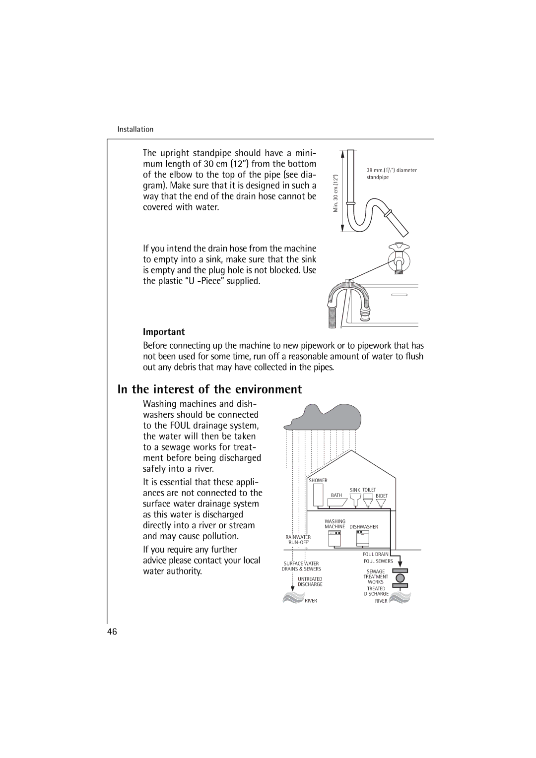 Electrolux 14500 VI manual Interest of the environment, Elbow to the top of the pipe see dia 