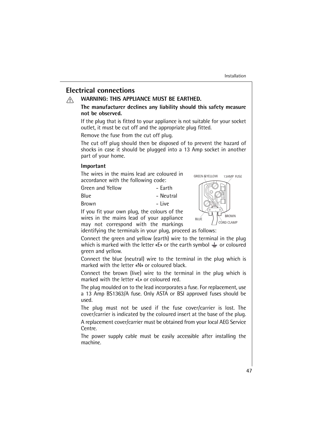 Electrolux 14500 VI manual Electrical connections 