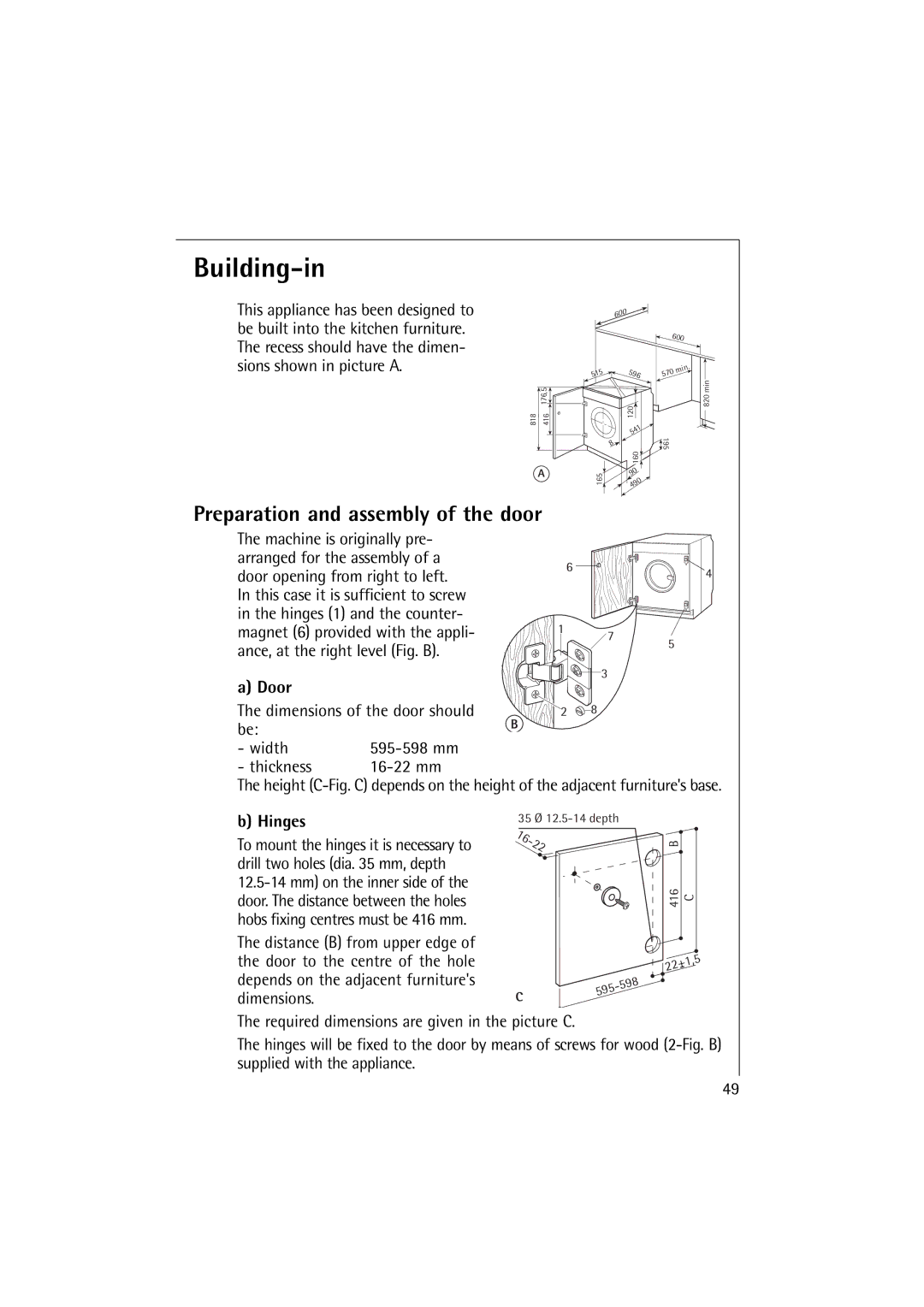 Electrolux 14500 VI manual Building-in, Preparation and assembly of the door, Door, Hinges 