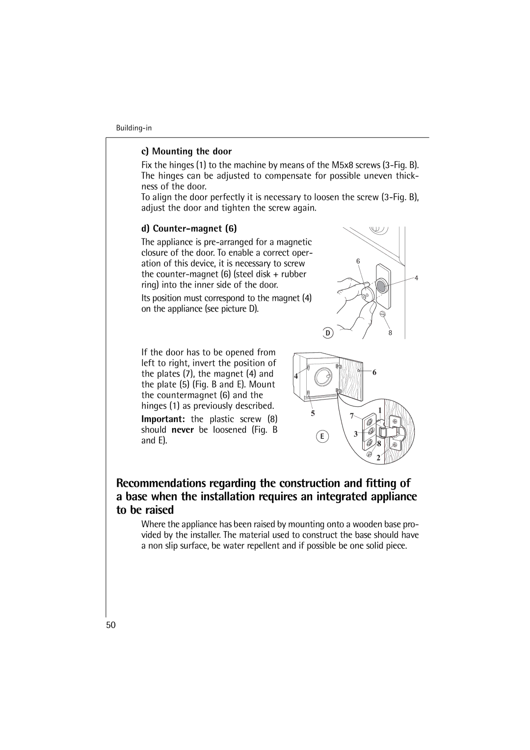 Electrolux 14500 VI manual Mounting the door, Counter-magnet 