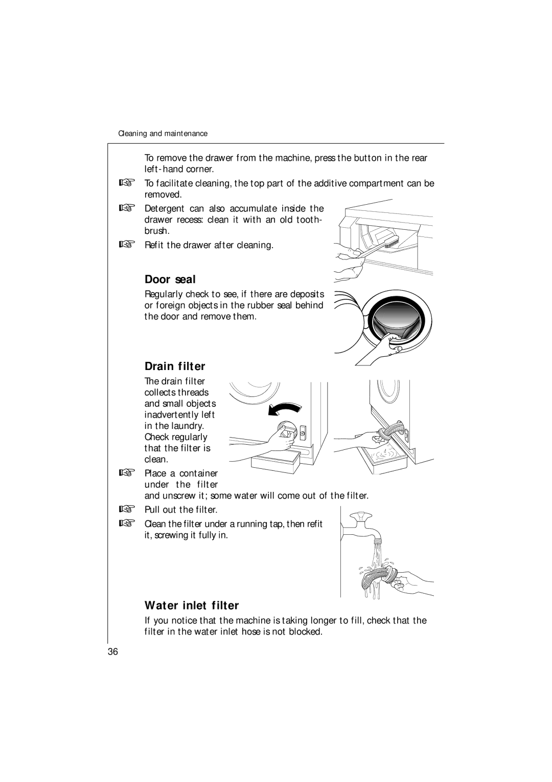 Electrolux 14700 VIT manual Door seal, Drain filter, Water inlet filter 