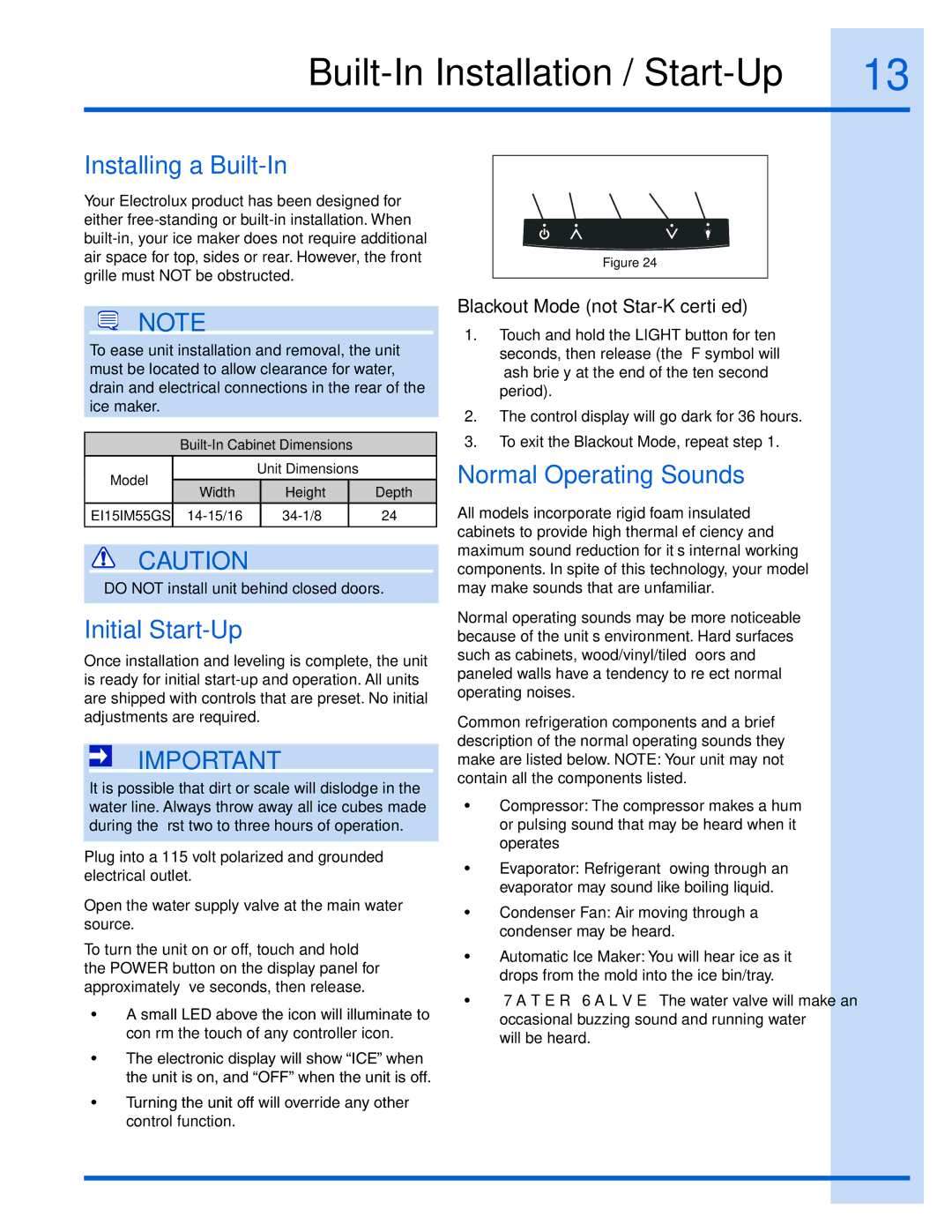 Electrolux 15 manual Built-In Installation / Start-Up, Installing a Built-In, Initial Start-Up, Normal Operating Sounds 