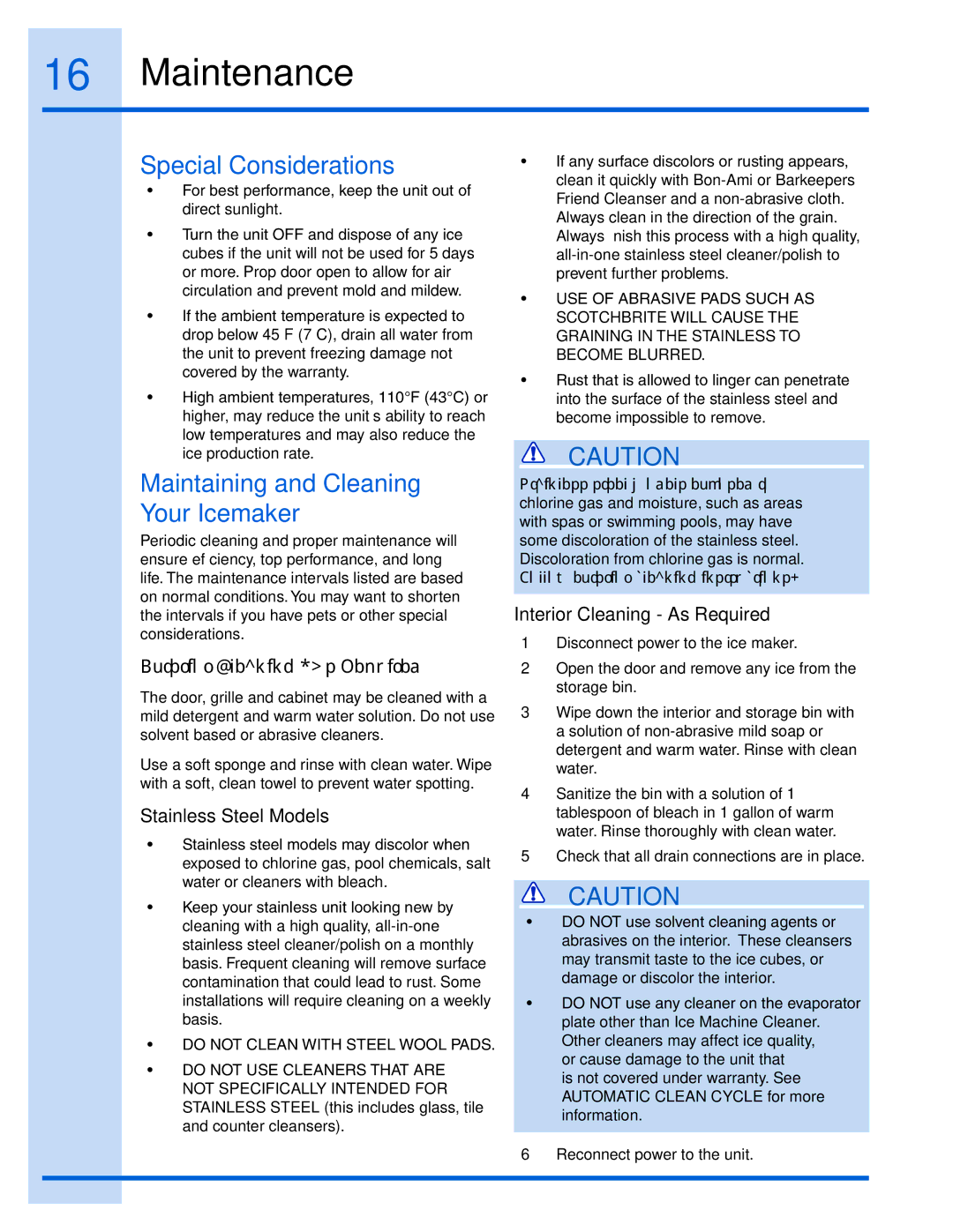 Electrolux 15 manual Maintenance, Special Considerations, Maintaining and Cleaning Your Icemaker 