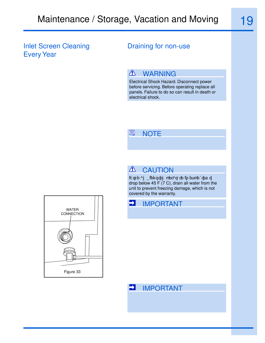 Electrolux 15 manual Inlet Screen Cleaning Every Year, Draining for non-use 