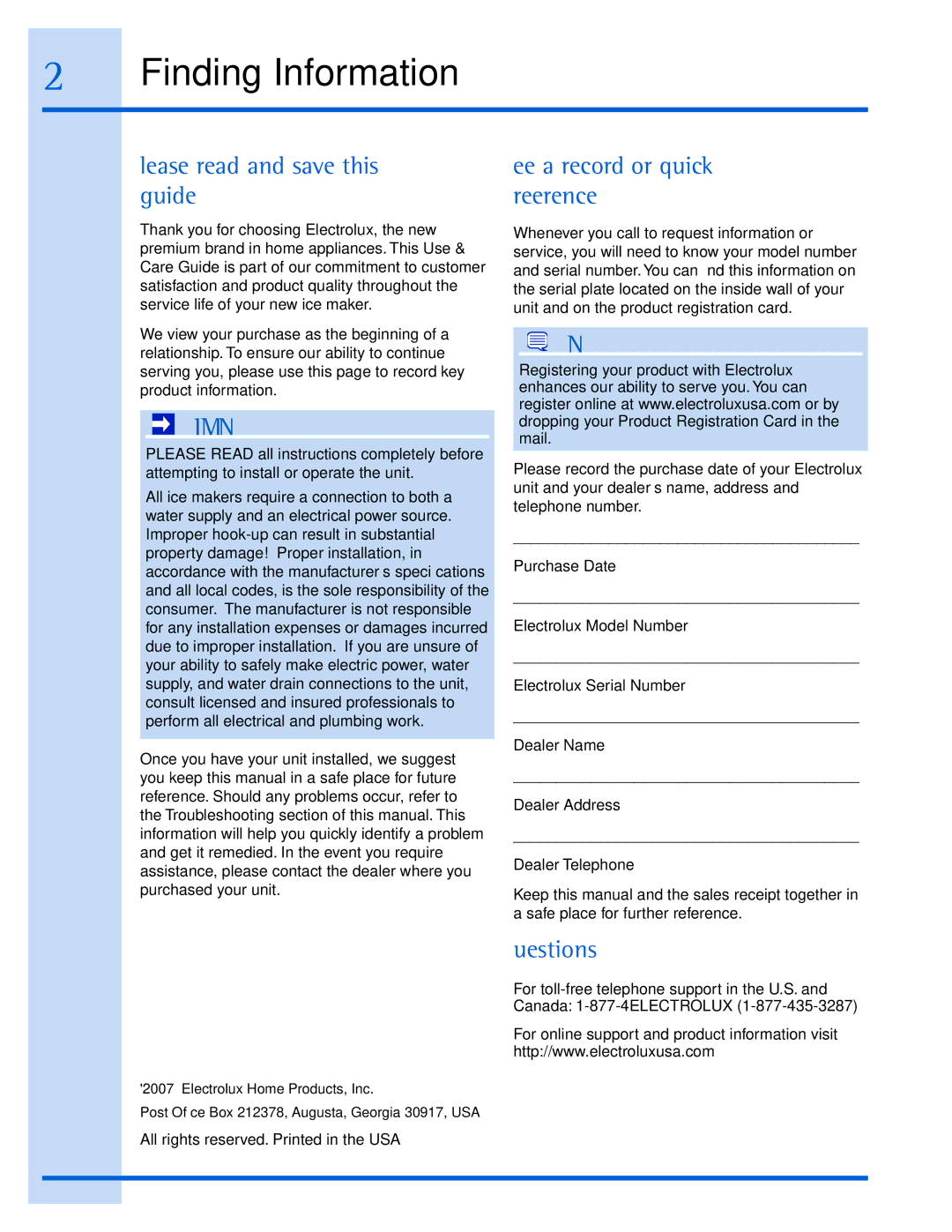 Electrolux 15 manual Finding Information, Please read and save this guide, Keep a record for quick reference, Questions? 