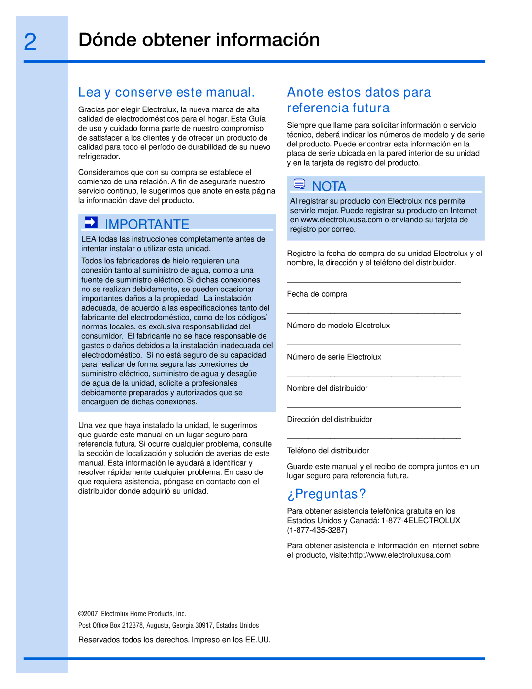 Electrolux 15 Dónde obtener información, Lea y conserve este manual, Anote estos datos para referencia futura, ¿Preguntas? 