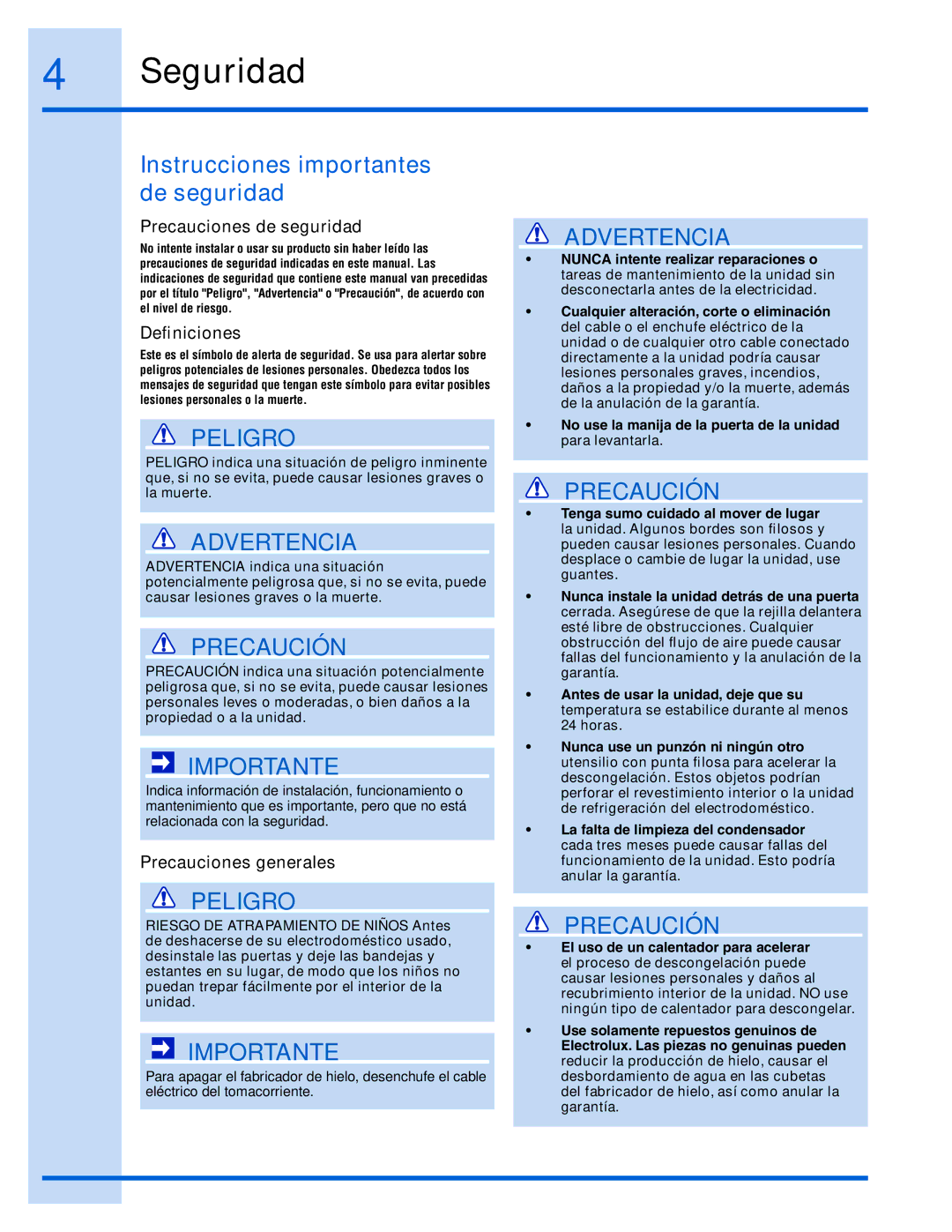 Electrolux 15 Instrucciones importantes de seguridad, Precauciones de seguridad, Definiciones, Precauciones generales 