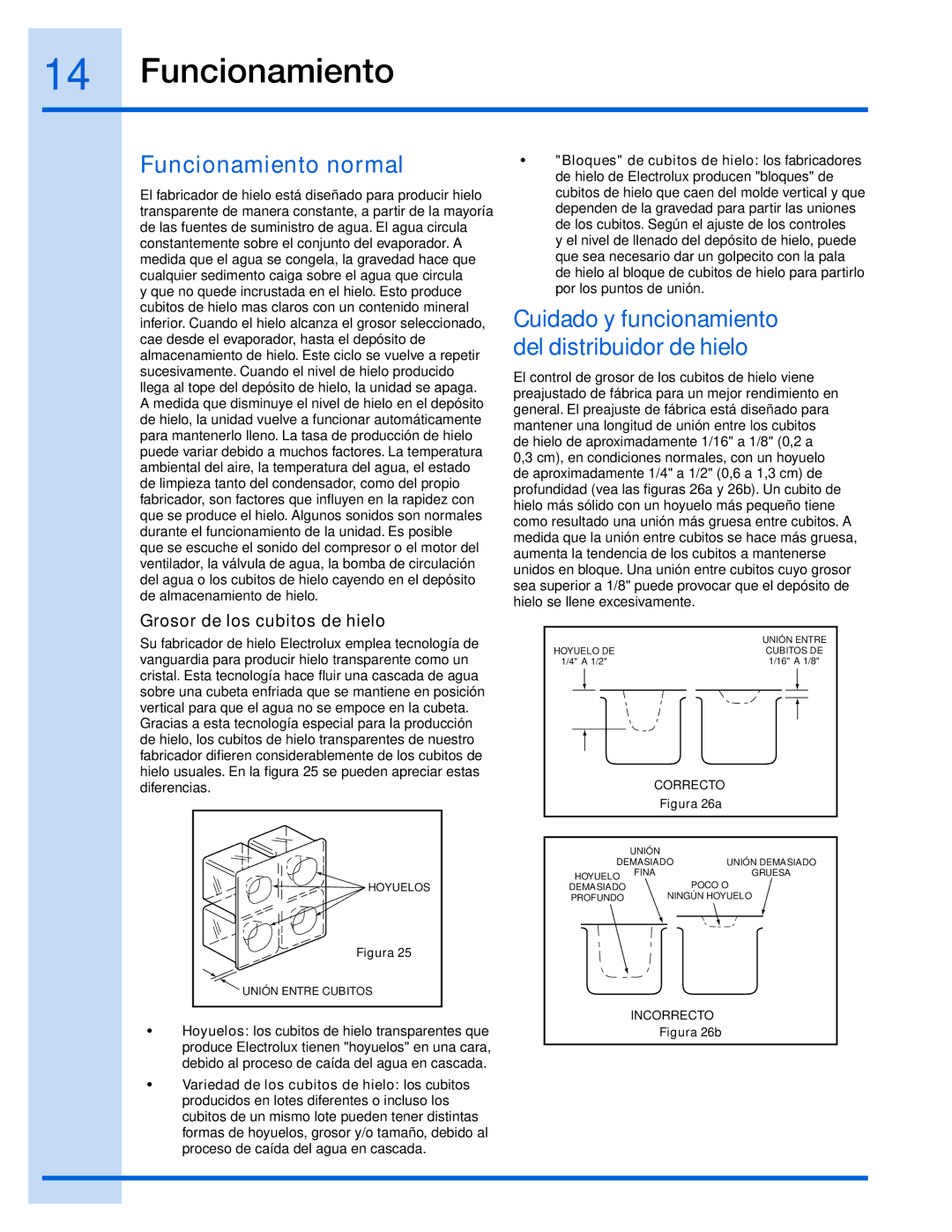 Electrolux 15 manual Funcionamiento normal, Grosor de los cubitos de hielo 