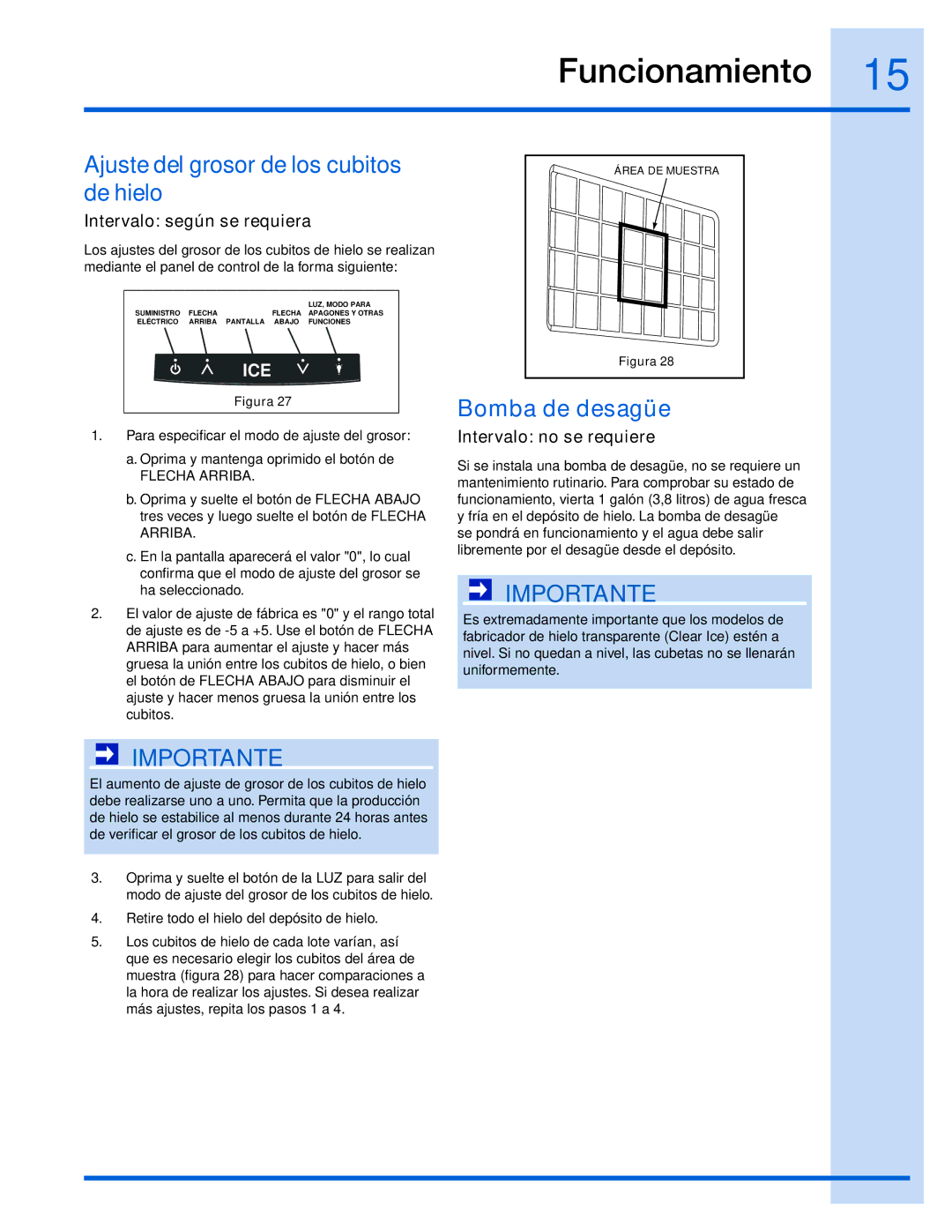 Electrolux 15 manual Ajuste del grosor de los cubitos de hielo, Bomba de desagüe, Intervalo según se requiera 