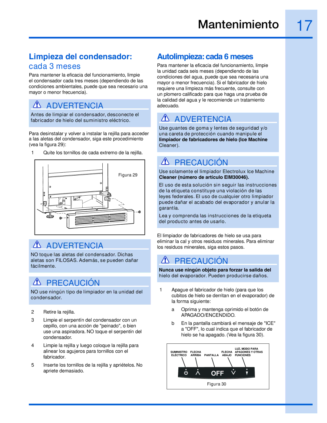 Electrolux 15 manual Limpieza del condensador cada 3 meses, Autolimpieza cada 6 meses 