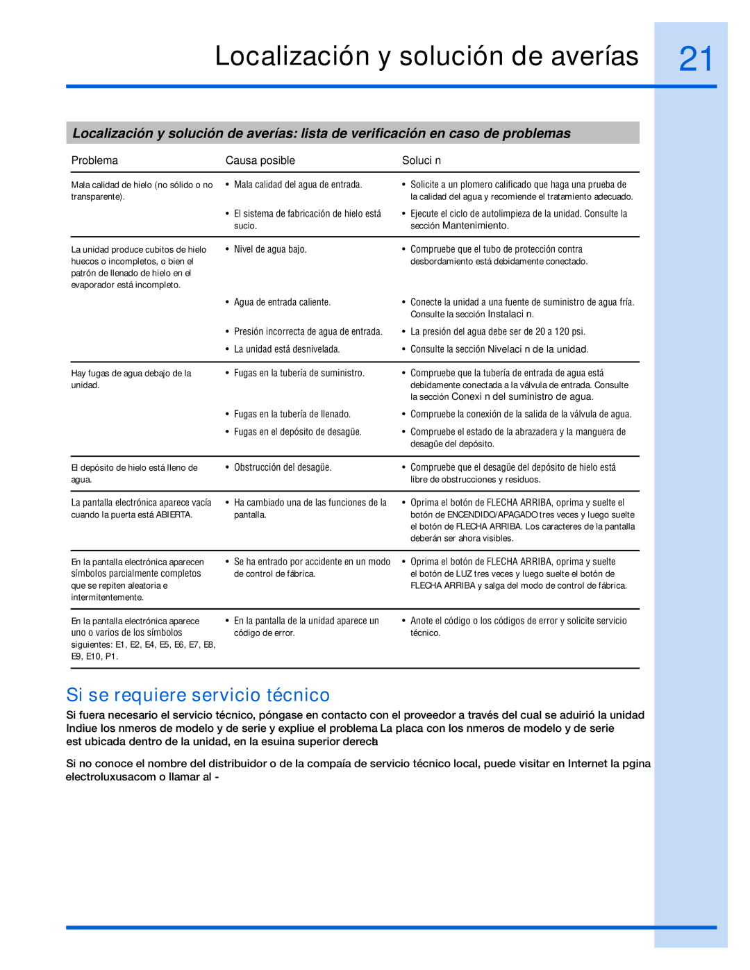 Electrolux 15 manual Si se requiere servicio técnico, La sección Conexión del suministro de agua 