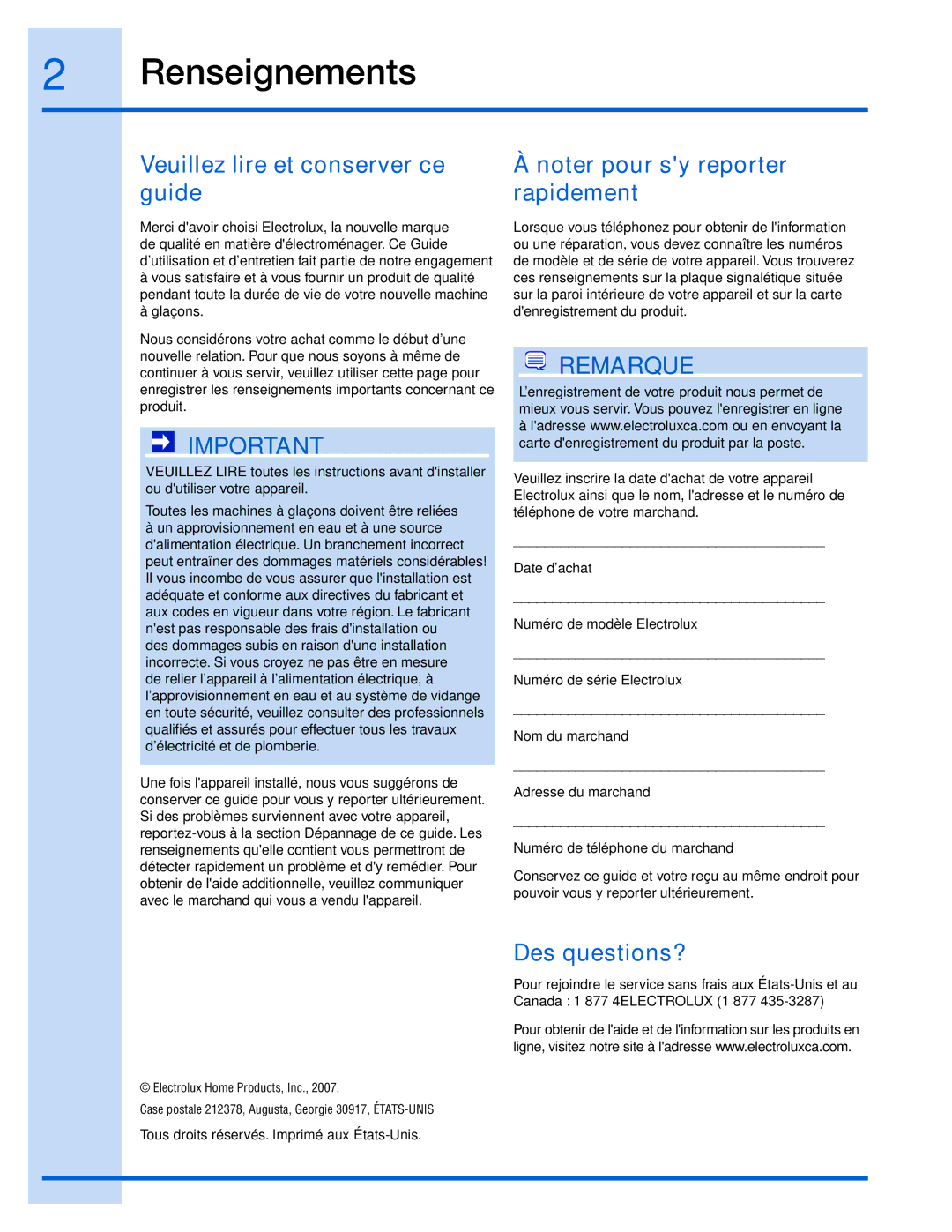 Electrolux 15 manual Renseignements, Veuillez lire et conserver ce guide, Des questions? 