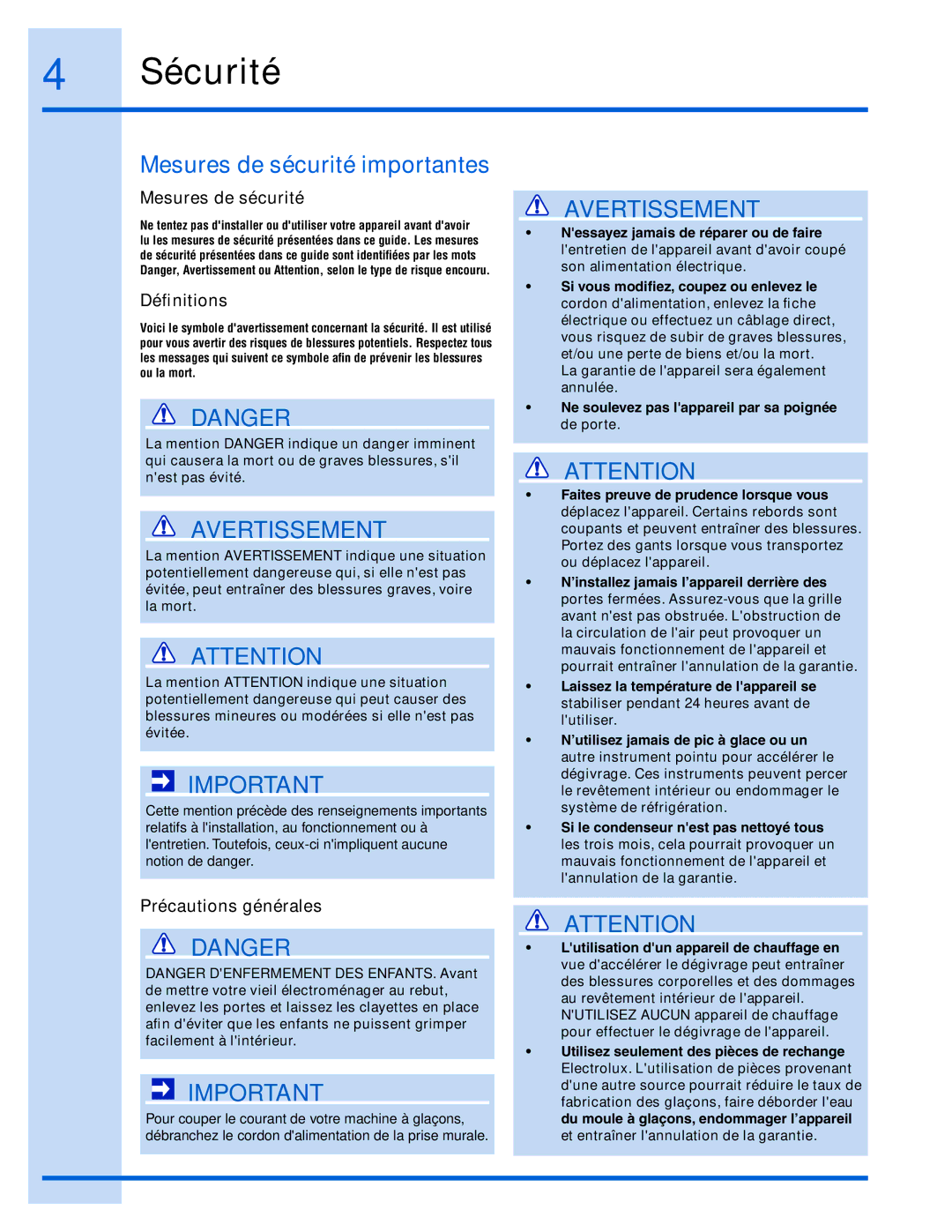 Electrolux 15 manual Mesures de sécurité importantes, Définitions, Précautions générales 