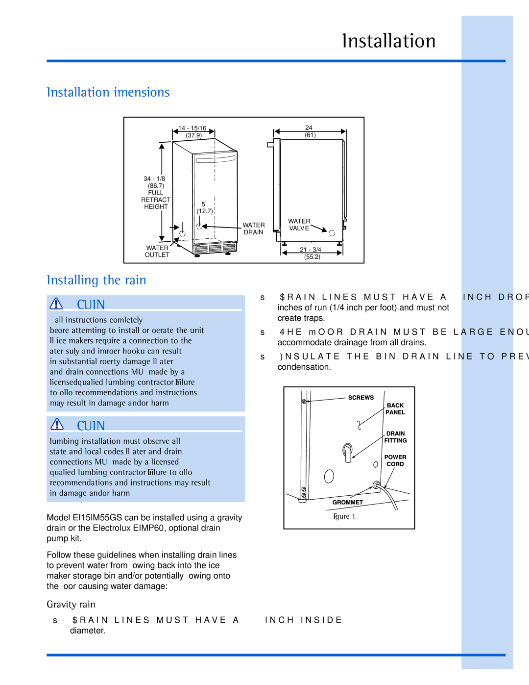 Electrolux 15 manual Installation Dimensions, Installing the Drain 