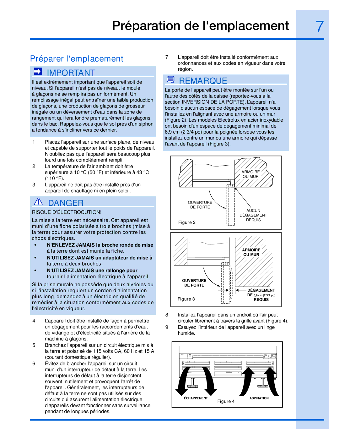 Electrolux 15 manual Préparation de lemplacement, Préparer lemplacement 