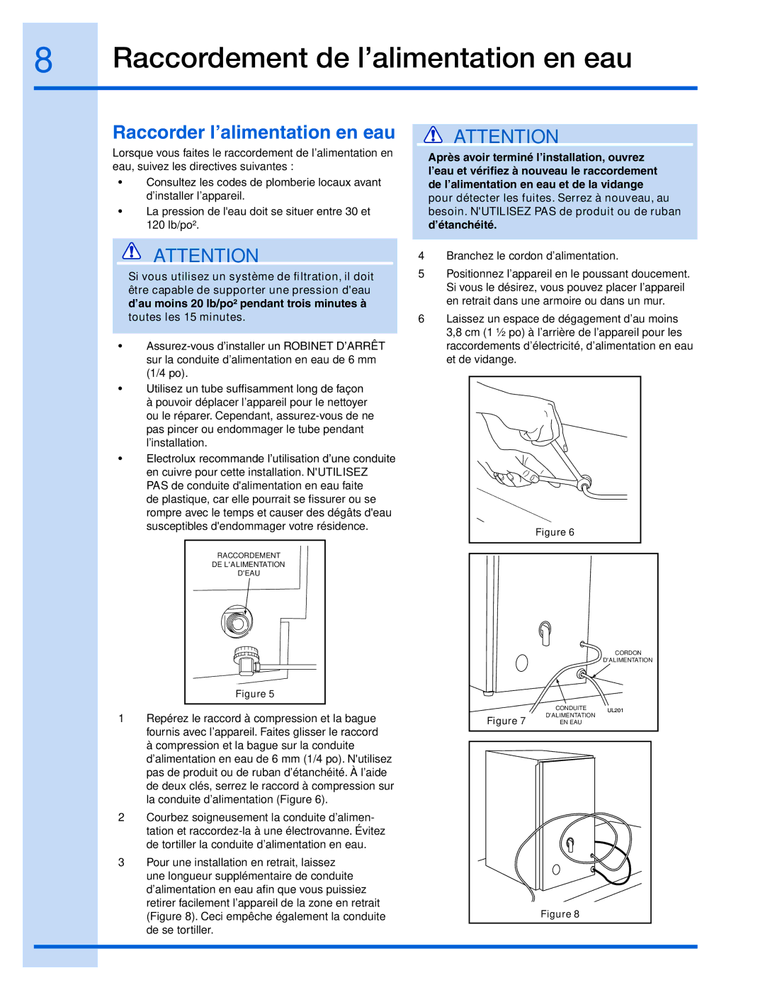 Electrolux 15 manual Raccordement de l’alimentation en eau, Raccorder l’alimentation en eau 