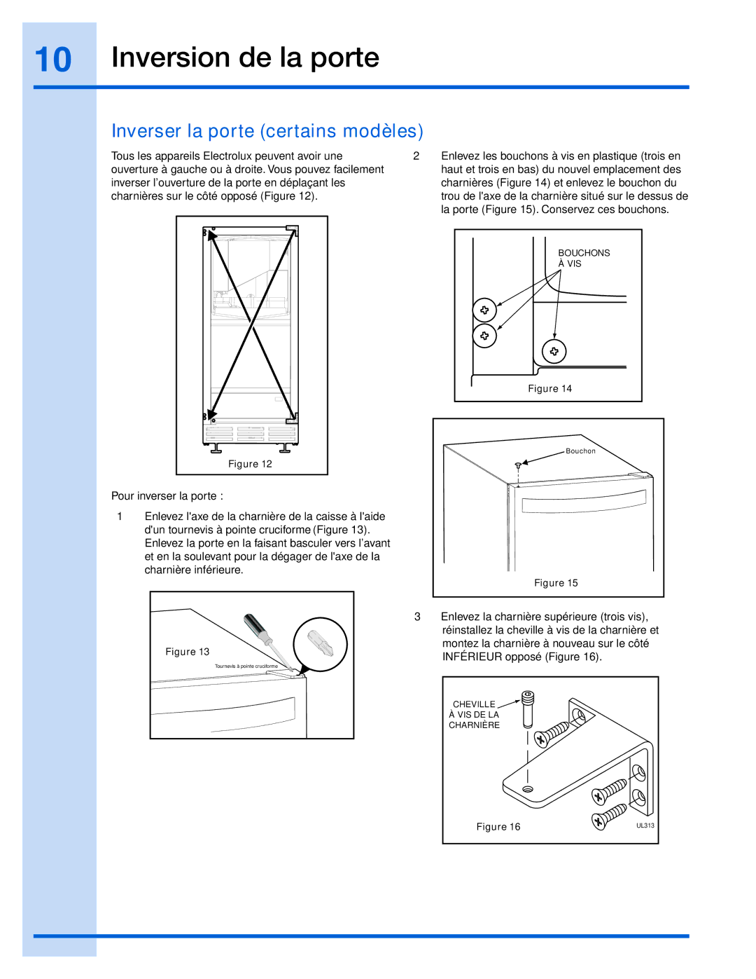 Electrolux 15 manual Inversion de la porte, Inverser la porte certains modèles 