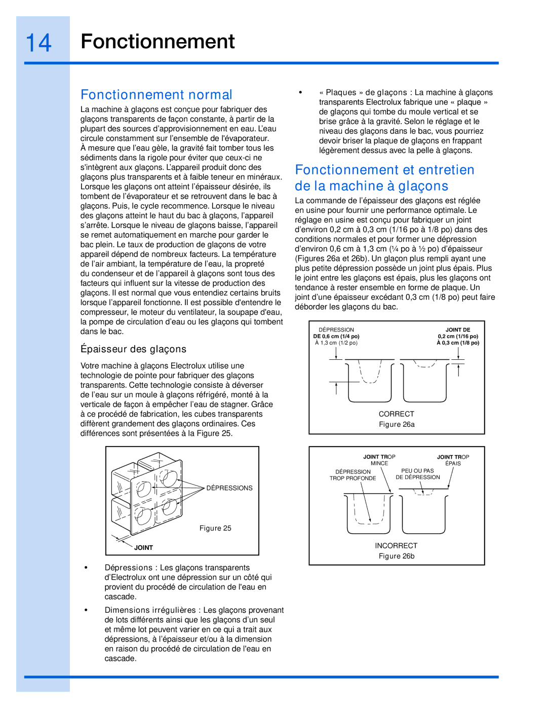 Electrolux 15 manual Fonctionnement normal, Fonctionnement et entretien de la machine à glaçons, Épaisseur des glaçons 