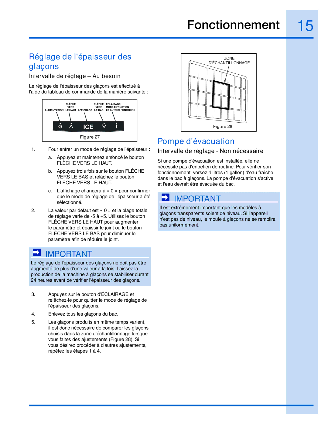 Electrolux 15 manual Réglage de lépaisseur des glaçons, Pompe dévacuation, Intervalle de réglage Au besoin 