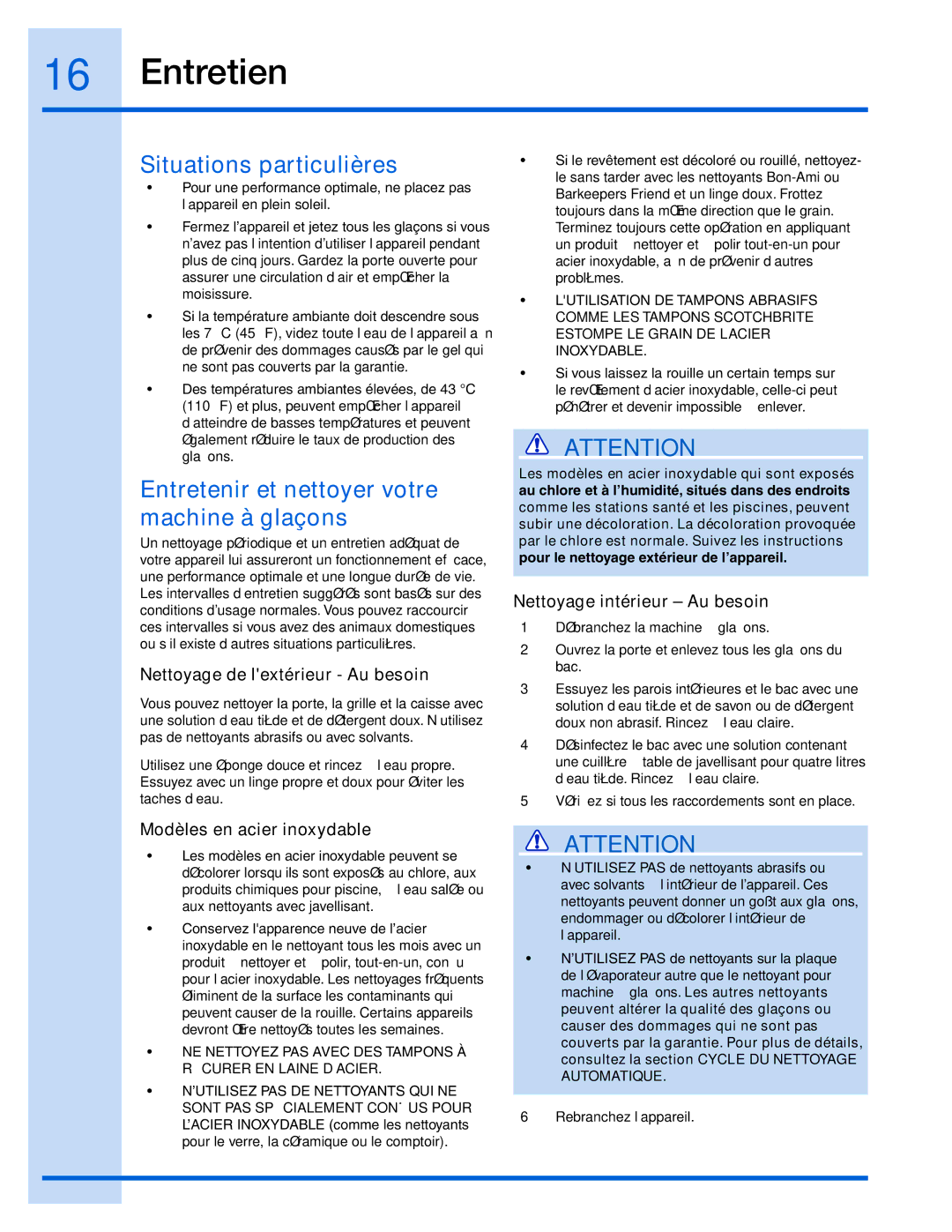 Electrolux 15 manual Entretien, Situations particulières, Entretenir et nettoyer votre machine à glaçons 