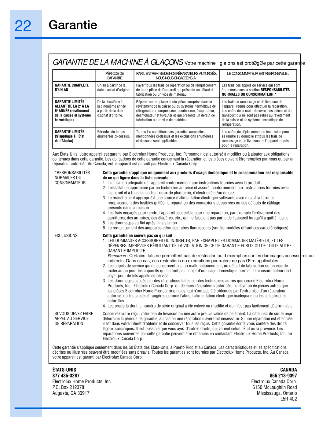 Electrolux 15 manual Garantie, De ce qui figure dans la liste suivante, Cette garantie ne couvre pas ce qui suit 