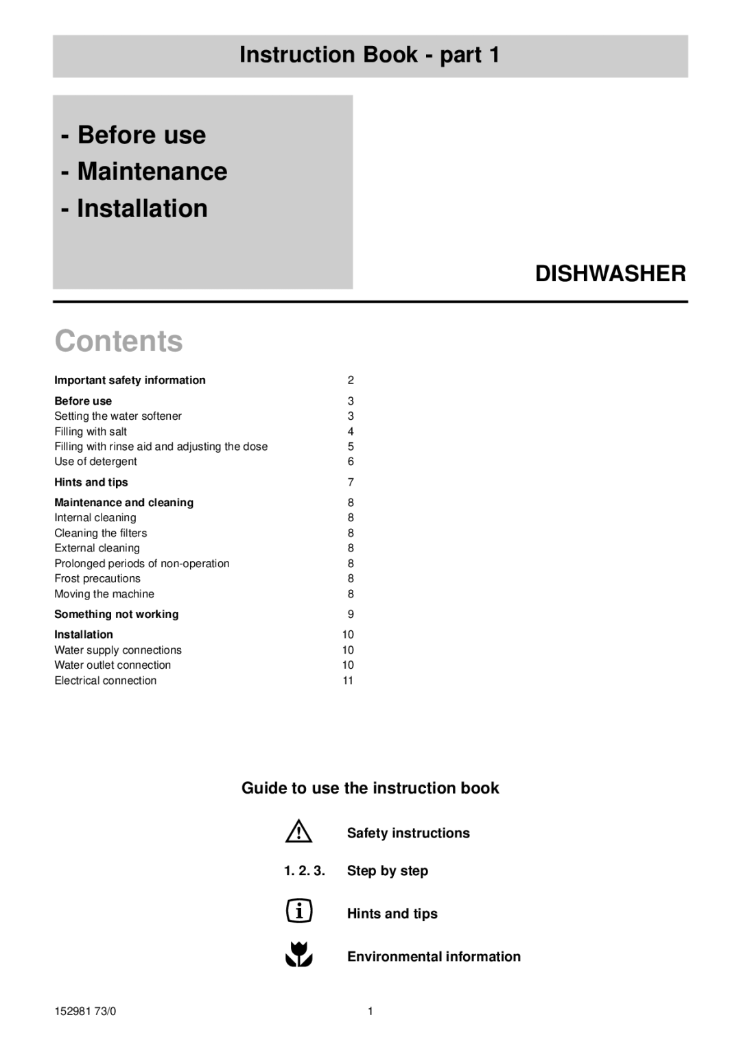 Electrolux 152981 73/0 manual Contents 