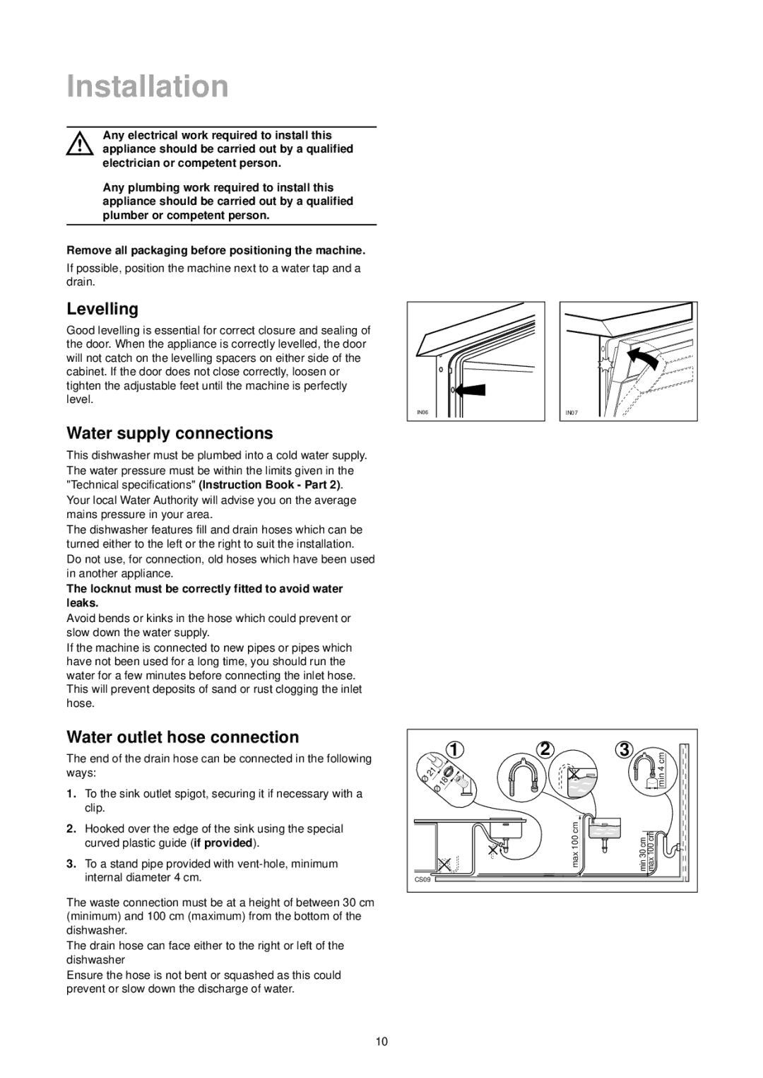 Electrolux 152981 73/0 manual Installation, Levelling, Water supply connections, Water outlet hose connection 