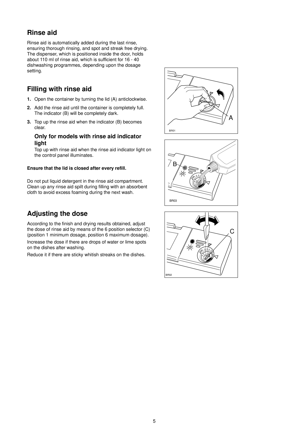 Electrolux 152981 73/0 manual Rinse aid, Filling with rinse aid, Adjusting the dose 