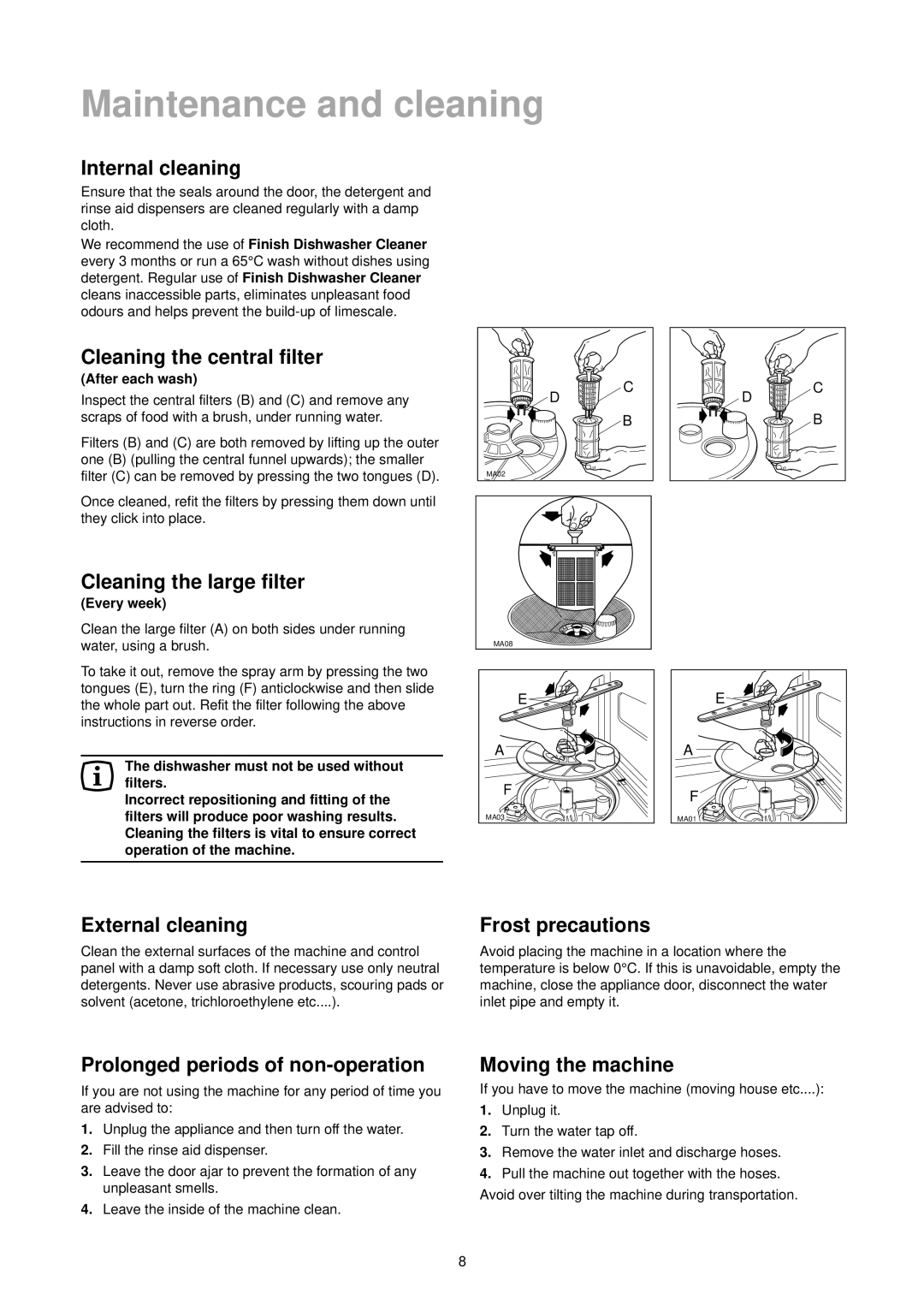 Electrolux 152981 73/0 manual Internal cleaning, Cleaning the central filter, Cleaning the large filter, External cleaning 