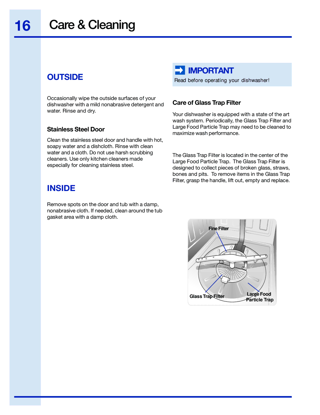 Electrolux 154671201 manual Care & Cleaning, Outside, Inside, Stainless Steel Door, Care of Glass Trap Filter 