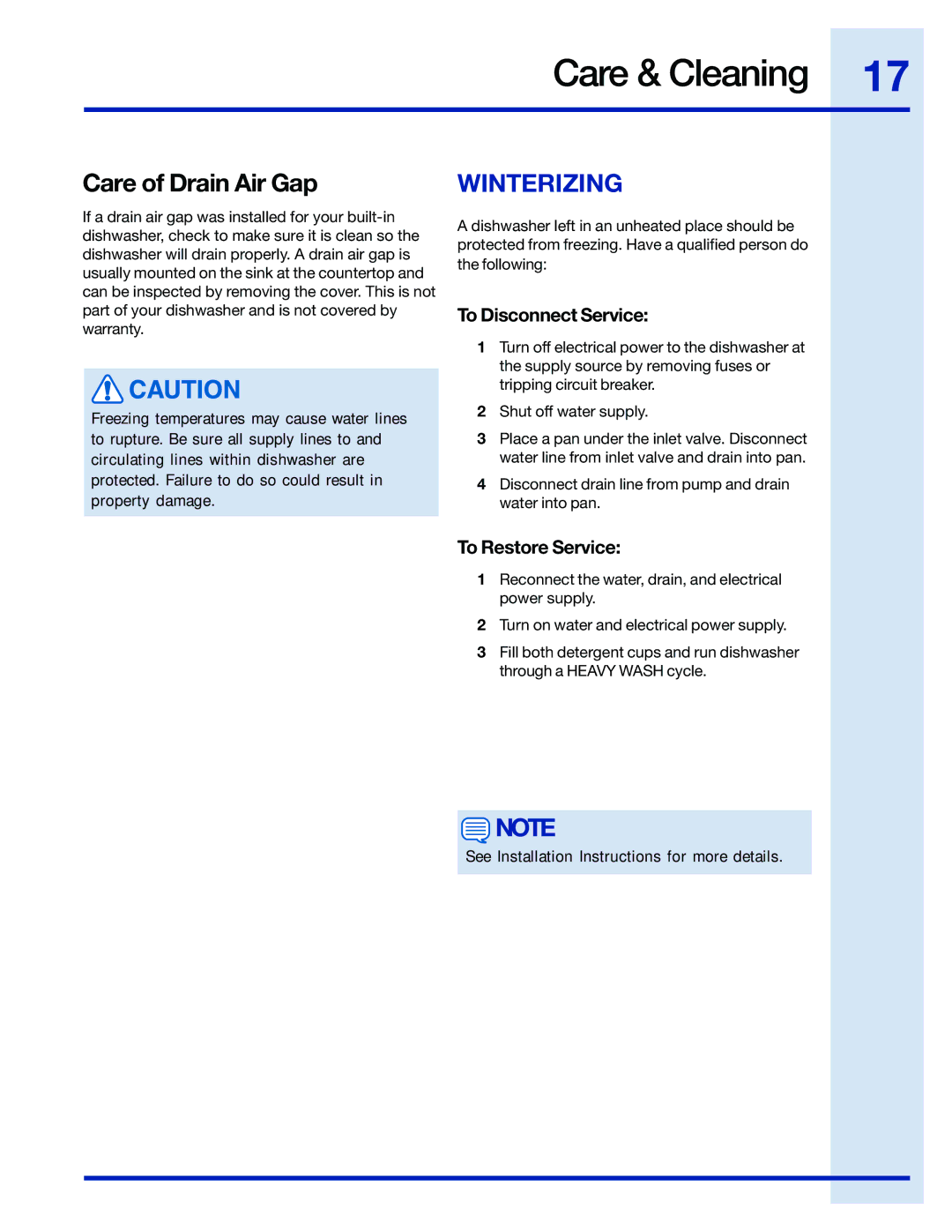 Electrolux 154671201 manual Winterizing, To Disconnect Service, To Restore Service 