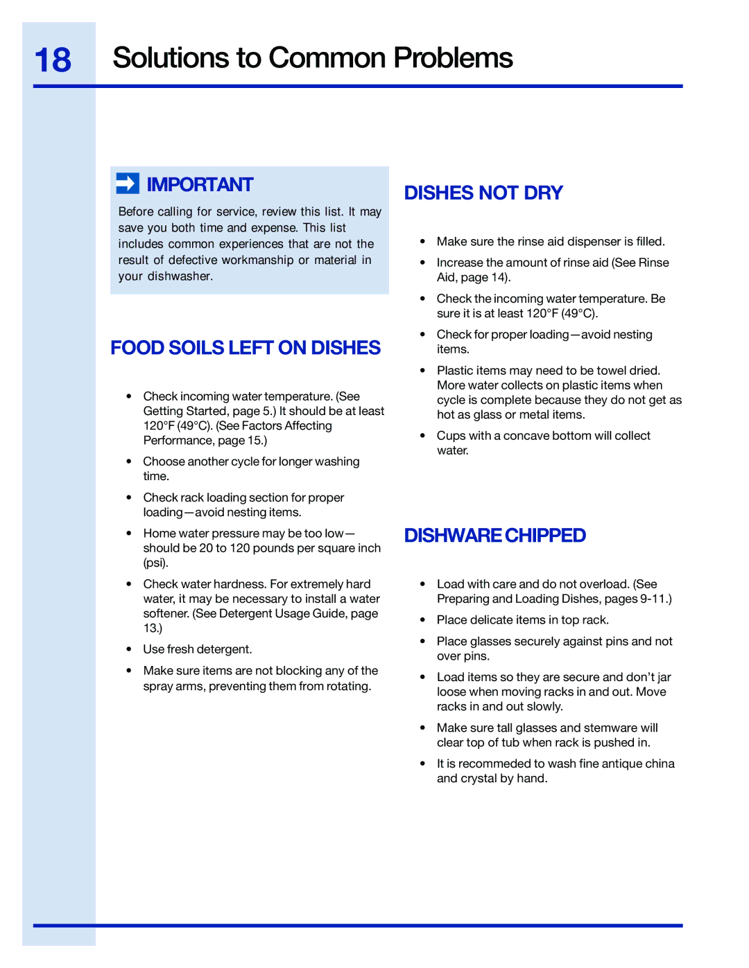 Electrolux 154671201 manual Solutions to Common Problems, Food Soils Left on Dishes, Dishes not DRY, Dishwarechipped 