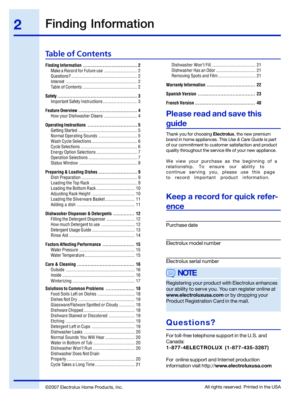 Electrolux 154671201 manual Finding Information, Table of Contents 