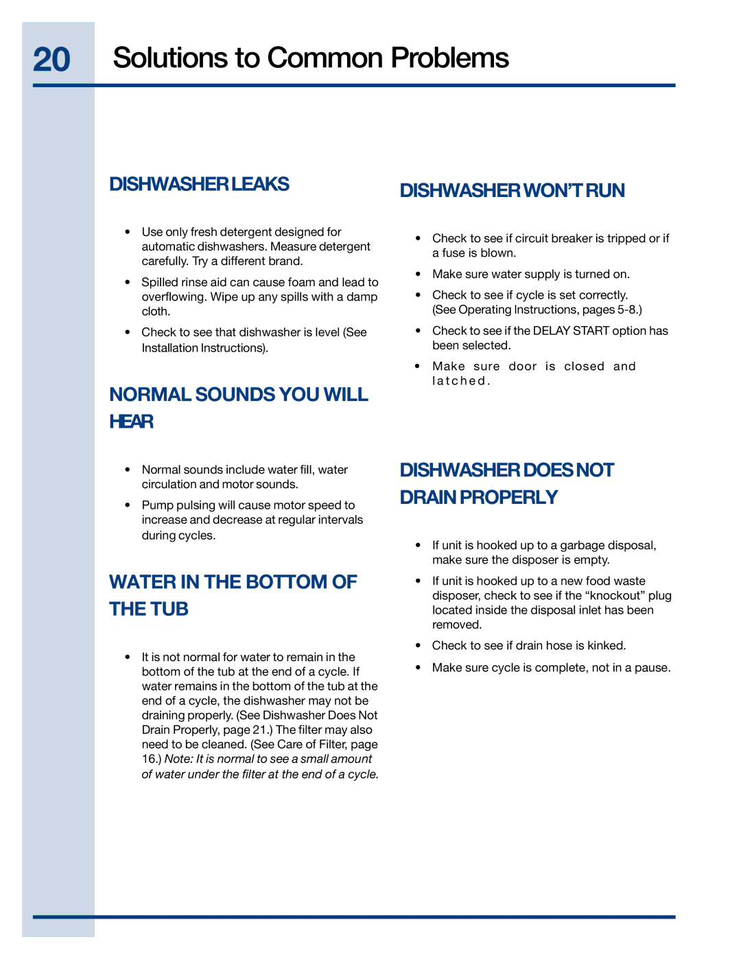 Electrolux 154671201 manual Dishwasherleaksdishwasherwon’Trun, Normal Sounds YOU will Hear, Water in the Bottom of the TUB 