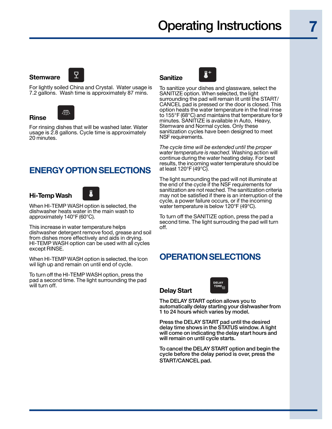 Electrolux 154671201 manual Energy Option Selections, Operation Selections 