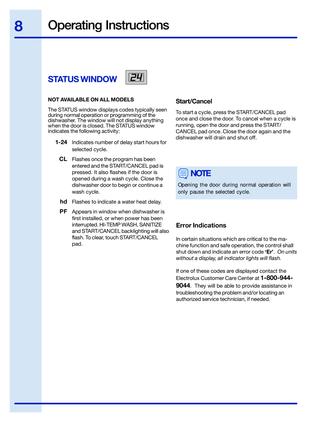 Electrolux 154671201 manual Status Window, Start/Cancel, Error Indications 